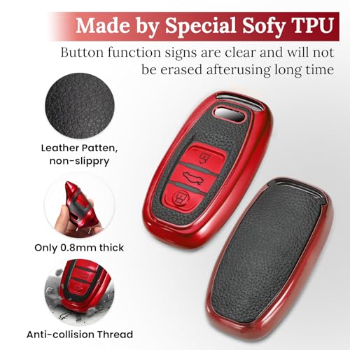 Image of Key Fob Cover for Audi, Leather-Style Keychain Tab Cover, Red