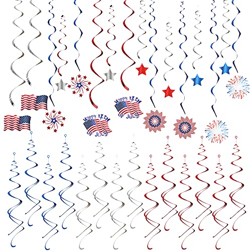 4th of July Party-Decorations Hanging Swirls - 30PCS Patriotic Decor Garland for Independence Day, White Red and Blue Star Hanging Ornaments for Fourth of July