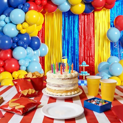 Image of Red Blue Yellow Balloon Arch Garland Kit Birthday Party Decorations, Video Game Foil Fringe Backdrop Tinsel Streamers Banner Photo Booth Props Cartoon Theme Carnival Circus Hero Party Decor Supplies
