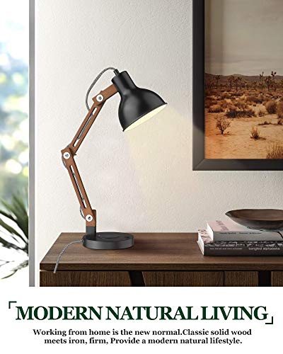 ELYONA Swing Arm Desk Lamp, Wood Table Lamp with Wireless Charging & 2 USB Ports, Adjustable Office Lamp, Black Modern Reading Lights for College Dorm, Study, Living Room, Bedroom