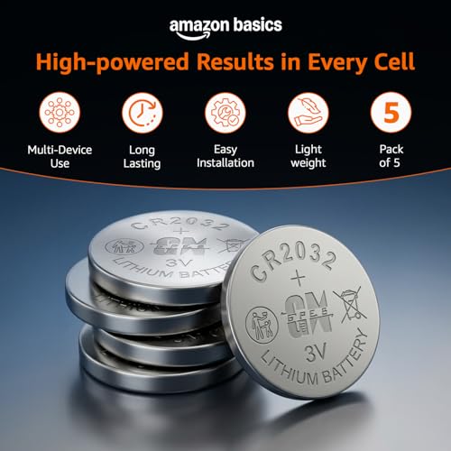Image of Amazon Basics Long-Lasting CR2032 Lithium Coin Batteries | 3V Voltage | Versatile Applications (Pack of 5)