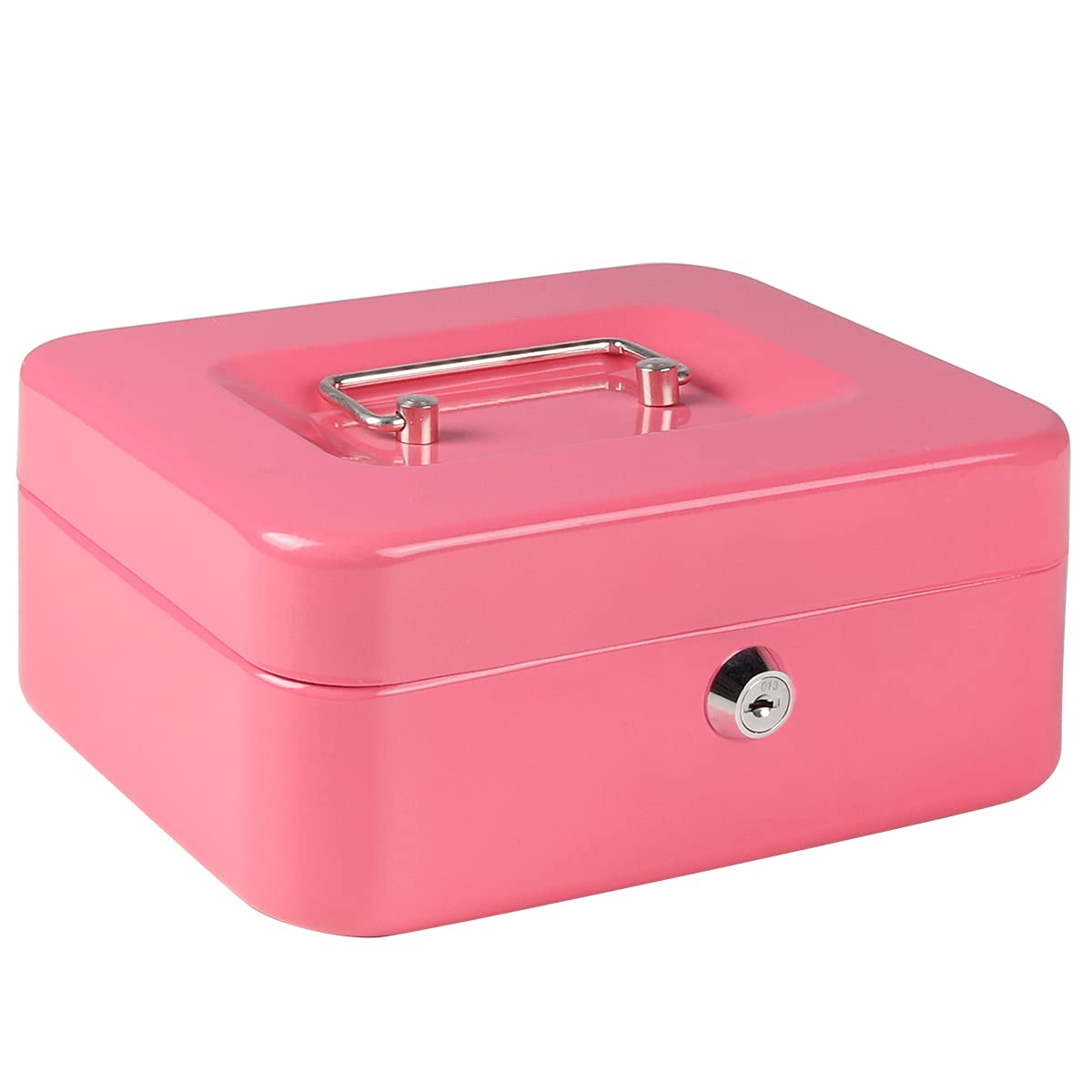 Cash Box with Money Tray, Parrency Large Money Box with Key Lock，Medium，7 4/5" x 6 4/5" x 3 3/5"，Pink