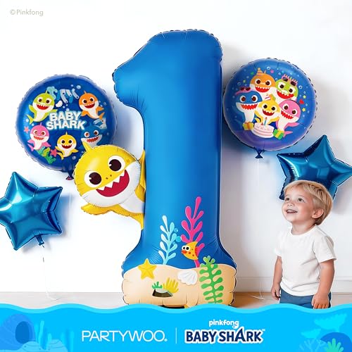 Image of PartyWoo Baby Shark Blue Foil Number 1 Balloon 5pcs 40 18 Inch Blue Round Star Mylar Helium Birthday Balloons for Boys and Girls Baby Shark Under the Sea Ocean Kids First Birthday Party Decorations