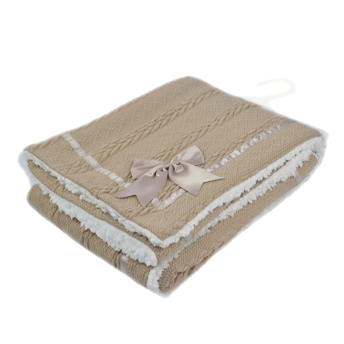 Gum & Berries Baby Wrap Chevron Cable Knit Satin Bow Soft Sherpa Back Pram Blanket Soft Touch Coffee 75 cm x 90 cm