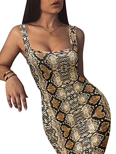 Lagshian Women's Sexy Bodycon Tank Dress Sleeveless Basic Midi Club Dresses Snakeprint #TOP2