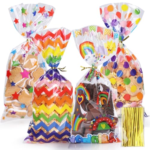 Bolsas Dulces, Office Product Bigqin 100 Piezas Bolsa de Caramelos, 4 Estilos Plástico Bolsas de Regalo con Brida, Paquetes Almacenamiento de Alimentos para Fiesta de Festival Cumpleaños...