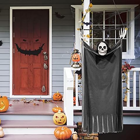 UIYIHIF Black Flying Halloween Ghost Hanging Decoration 80cm Scary Hanging Gauze Ghost Reaper Creepy Halloween Prop Skull Decor for Halloween Party Haunted House Props Cover