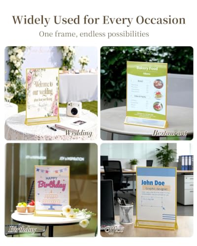 Image of Dynta Acrylic Sign Holder 8.5x11 8pck Clear Table Display Stands Double Sided Table Sign Holders, Menu Holder for Wedding, Party, Office, Store, Home Use (Gold Frame)