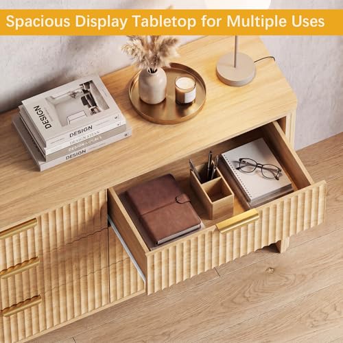 Image of Wodeer 9 Drawer Dresser for Bedroom, 62 inch Wide Wood Storage Cabinet with Fluted Design, Modern Chest of Drawers & TV Stand for Living Room, Nursery Clothing Organizer with Metal Slides, Anti-Tipping