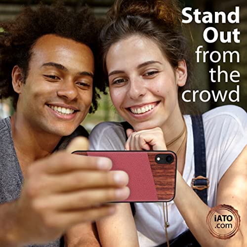 Iato Iphone Xr Wood Case [Wireless Charging Compatible] Real Rose Wood & Genuine Red Lizard Pattern Leather [Protective] Cover. [Unique & Classy] Accessory For Iphone Xr 6.1 Inch #TOP7