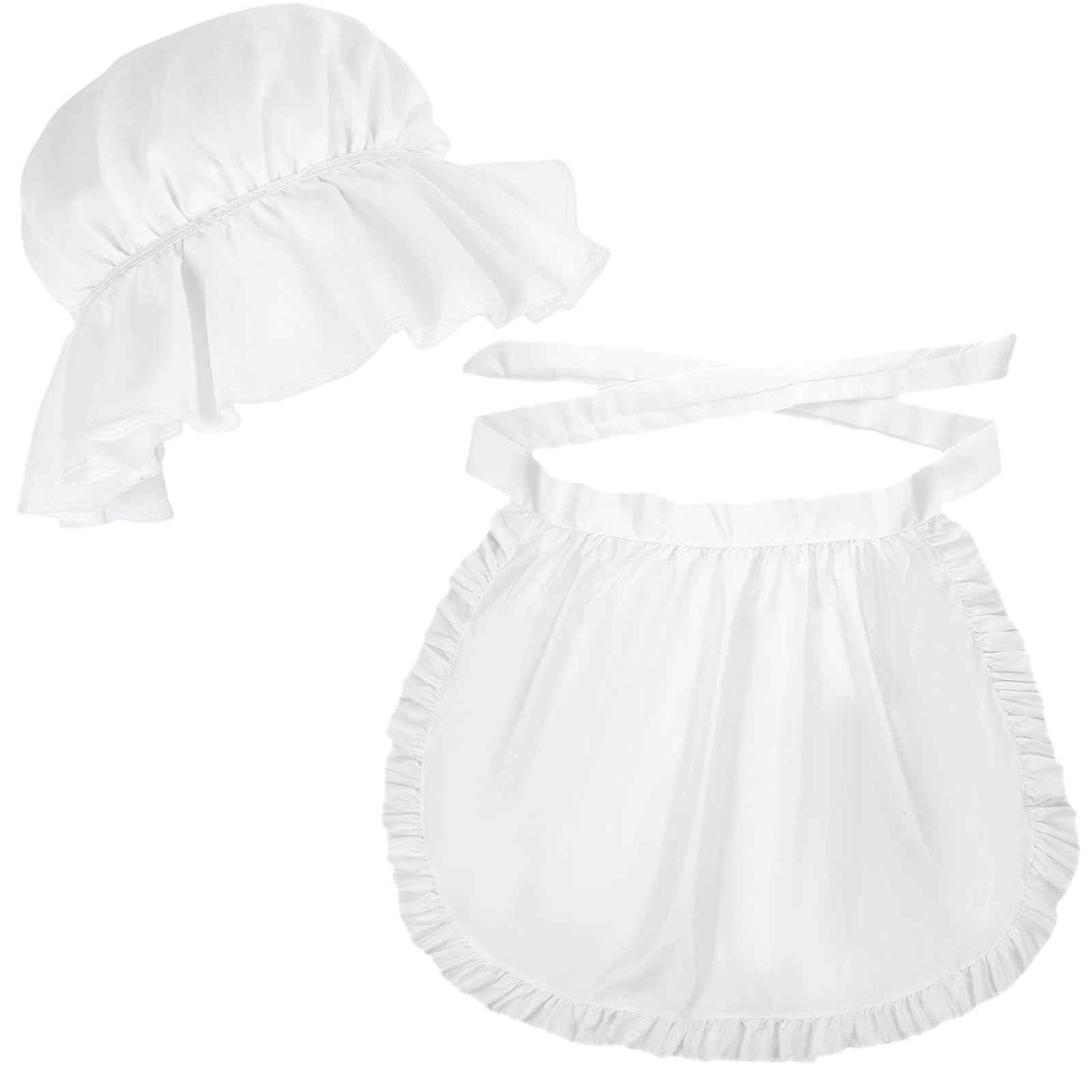 Tucnoeu 2pcs Women Colonial Costume Set White Mob Cap Half Apron Halloween Colonial Costume Set Women Pilgrim Costume Accessories for Maid Girl Cosplay