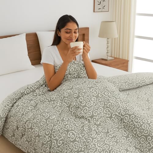 Image of Swayam AC Double Comforter (250 X 225 Cm) | 100% Cotton | 150 GSM | Geometric, Grey | Comes with Protective Health Layer