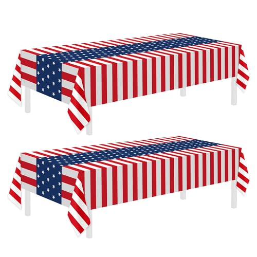 Childom 2 Pack Patriotic Tablecloths,Patriotic Decorations 54' x 108' Disposable American Flag Tablecloths for Event Accessories,Plastic Table Cloth for Veterans,July 4th,Picnic,Dinner,Party Supplies