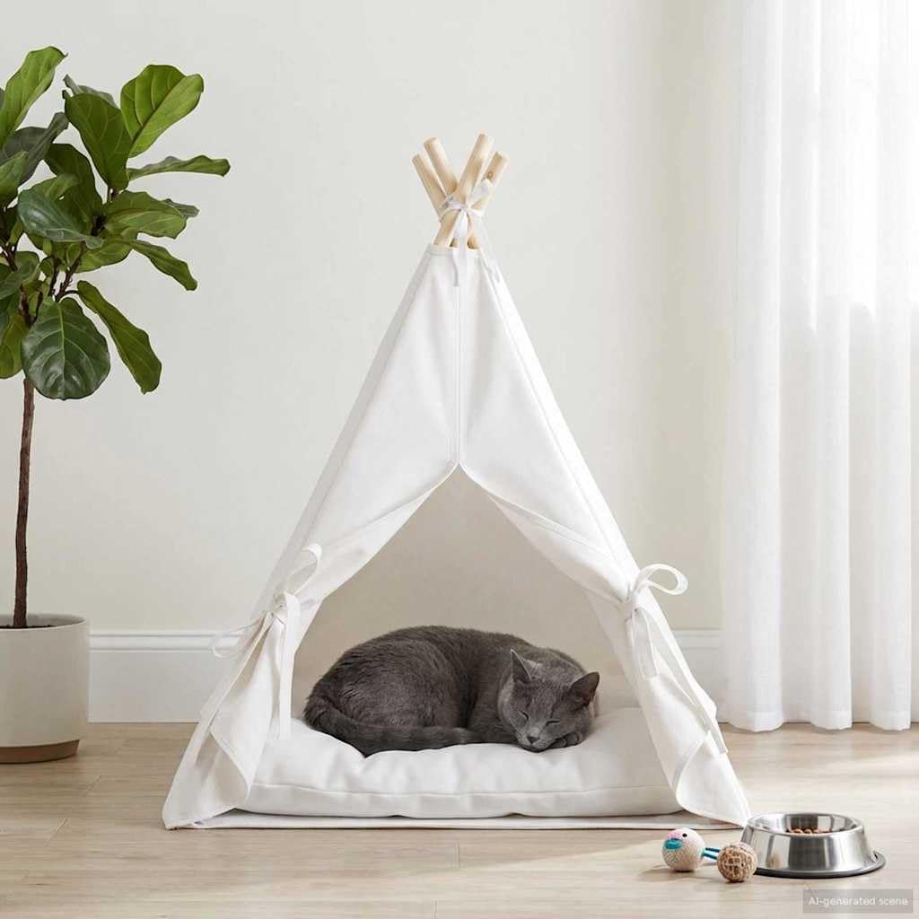 Hothingwell Teepee pour Animaux de Compagnie avec Coussin 60x60x70 cm, tipi Chien intérieur en Polyester, poteaux en pin Massif, Pliable et Facile à Ranger, Rideau avec Cordes de sécurité,
