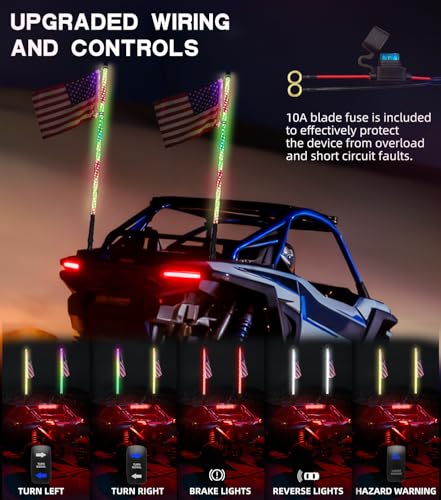 Image of ZIMABLUE 2PC 4FT Whip Lights for Side by Side, App & Remote Control RGB Chasing Lighted Whips with 3 Switchs for ATV UTV Dune Buggy Truck,LED Whips Compatible with Polaris RZR Can-Am Maverick X3