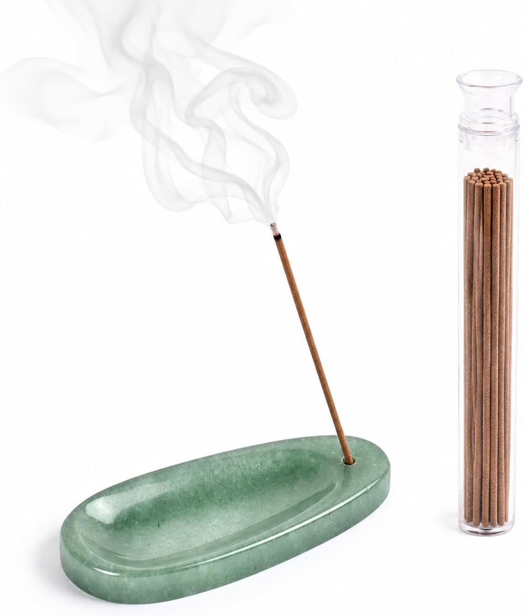 Natural Incense Holder with 10cm Incense Sticks Set, Hand Carved Healing Crystal Stone Incense Holder for Sticks, Decorative Mini Oval Incense Tray for Meditation, Home Decor (Green Aventurine)
