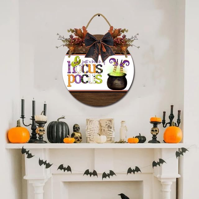 Miniatura 5 de Letrero de puerta de decoración de Halloween, 12 pulgadas, rústico, Hocus Pocus, letrero colgante de madera para puerta delantera, corona con lazo,