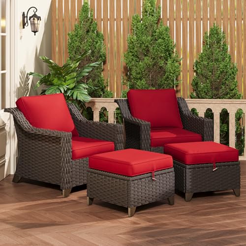 Image of 4 Pieces Patio Conversation Furniture Set - 2 Chairs with Ottomans Set of 2, Outdoor Wicker Armchairs with Water-Resistant and Washable Cushions for Porch, Balcony, Sunroom (Red) | Patio Chair Set with Olefin Removable Cushion, All-Weather Outdoor Couch with Deep Seat for Porch, Deck and Backyard, Red