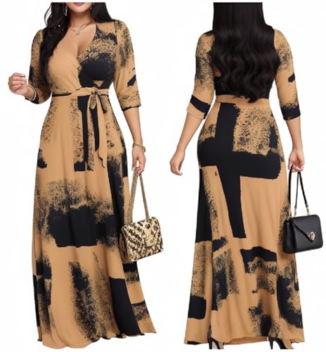 Image of Women's Church Maxi Wrap V Neck 3 /4 Sleeve Tie Waist Plus Size Long Dress | Flattering wrap V-neck design enhances curves. High elastic tie waist accentuates the slimmest part, hides tummy.
