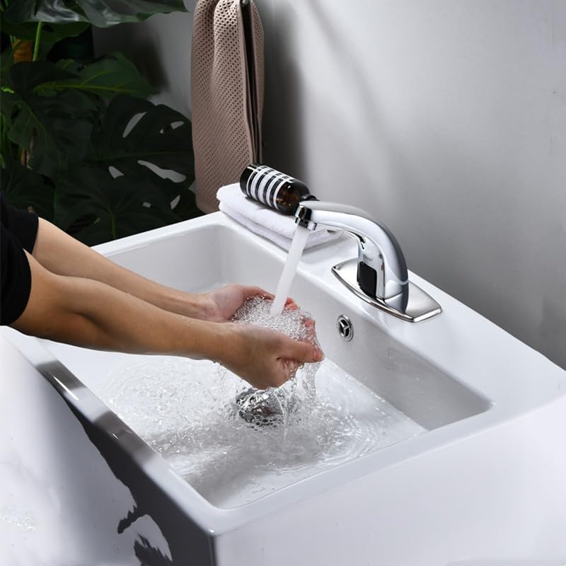 Polished Chrome Automatic Sensor Basin Faucet, Deck-Mounted Water-Saving Tap for Bathroom Lavatory and Toilet