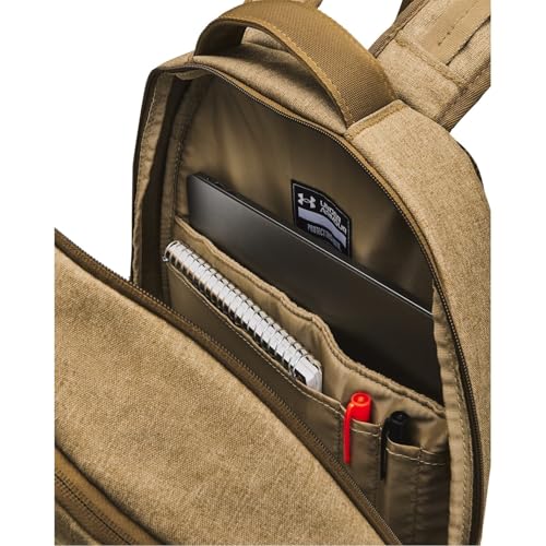 Image of Under Armour Unisex, Hustle 6.0 Pro Backpack (728) Coyote Brown Full Heather /Coyote /Metallic Gold One Size Fits Most