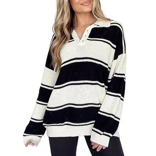 Image of Women Striped Button V Neck Collared Oversized Knitted Long Sleeve Pullover Sweater Tops White