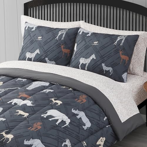 Image of Kids Bedding Set Bed in a Bag for Boys and Girls Toddlers Printed Sheet Set and Comforter, Full, Safari