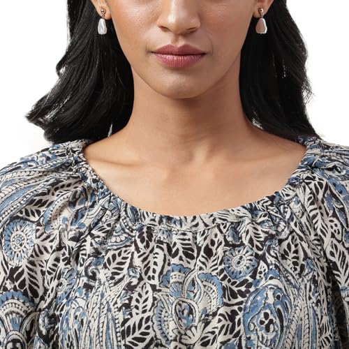 Haut régulier imprimé Fabindia marron clair et bleu, coupe fluide S