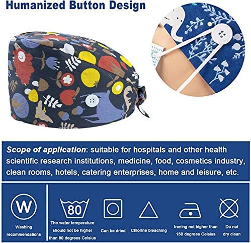 Leader Jin Cute Printed Working Cap Bouffant Turban Cap with Button and Sweatband Adjustable Tie Back Hats for Women/Me