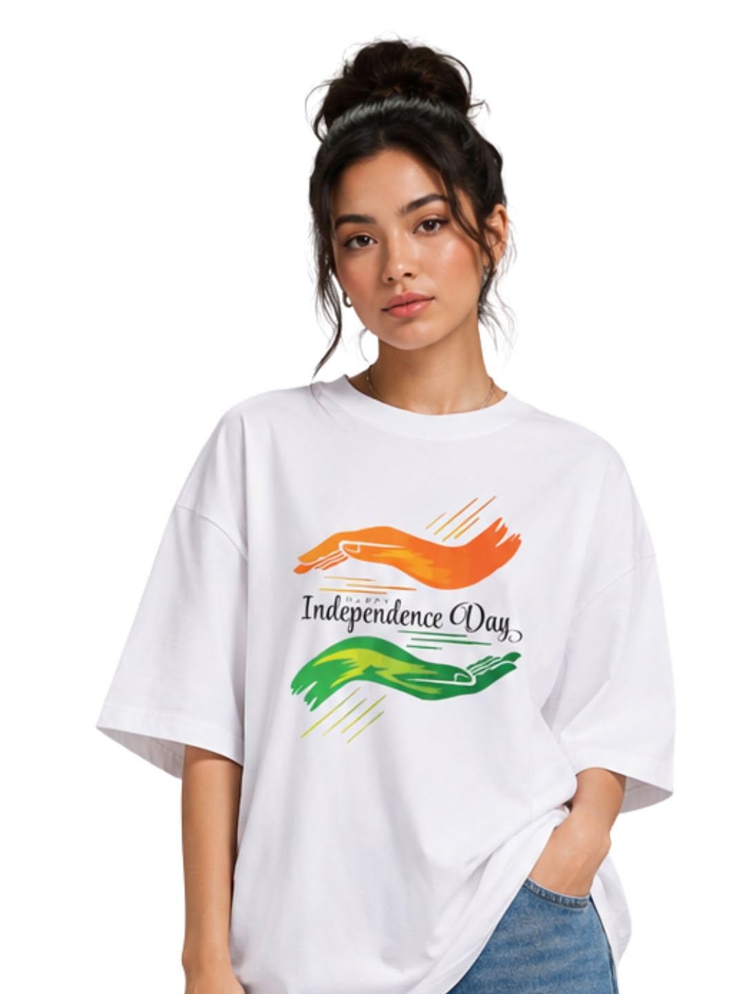 yak yak Women Independence Day Tricolour Brushstroke Graphic Printed Pure Cotton Oversized T-Shirt-picture-17