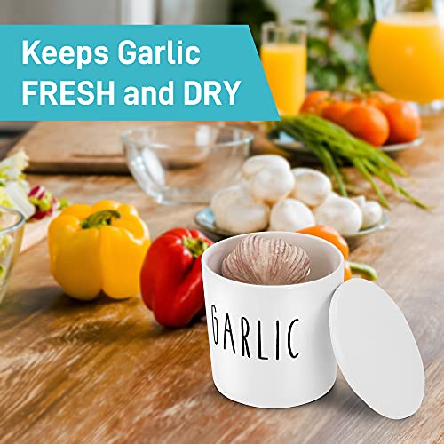 Large Garlic Keeper - Garlic Holder Storage - Round Ceramic Garlic Container Storage To Keep Your Garlic Cloves Fresh Longer - Classic White Vented Garlic Keeper For Counter - Garlic Saver For Kitchen #TOP4