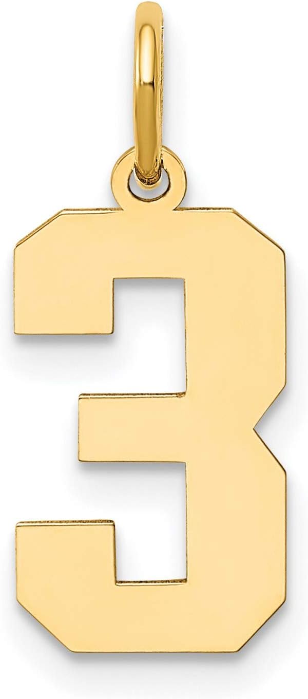 14k Yellow Gold Number 3 Pendant Charm for Necklace or Bracelet, Polished Block Style Jewelry for Men and Women, Unisex Numeric Symbolic Charm, Bold Sports Number Accessory for Layering 16 mm x 8 mm