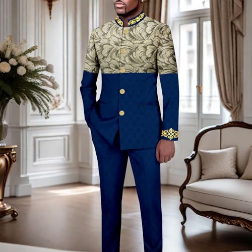 African Suits for Men Slim Fit Embroidery Single Breasted Printed Blazer and Pants Set Formal Outfits2