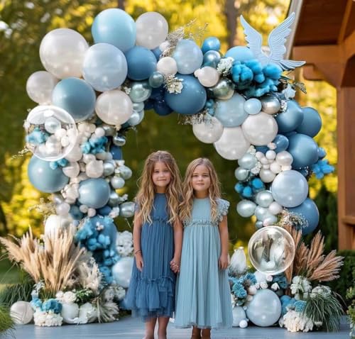 Image of Dusty Blue and White Balloons Garland Double Stuffed Pearl Light Blue Bobo Balloon Arch Kit for Birthday Baby Shower Wedding Bridal Cinderella Frozen Winter Party Decorations