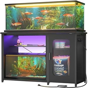 Unikito 55-75 Gallon Aquarium Stand with Power Outlets & LED Light, Reversible Fish Tank Stand with Cabinet for Fish Tank Accessories Storage, Heavy Duty Metal Frame, 880LBS Capacity, Black