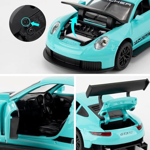 Image of 1:32 Porsche 911 GT3 RS Diecast Model Pull Back Toy Car with Sound & Light Openable Doors Miniature Racing Car for Kids & Collectors Gift for Boys & Adults (Green)