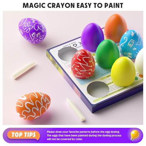 Easter Egg Decorating Kit with Food Coloring Dye Tablets, 68 Stickers, Magic Crayons & Egg Stands | DIY Easter Crafts Non-Toxic Edible Dye for Easter Party Supplies