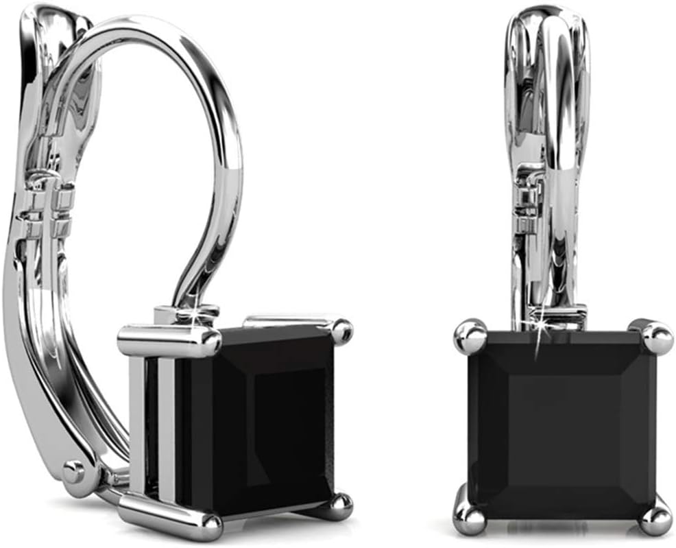 Jade Marie BLISSFUL Black Crystal Silver Earrings, 18k White Gold Plated Dangle Earring Set with Black Onyx Princess Cut Solitaire Swarovski Crystals