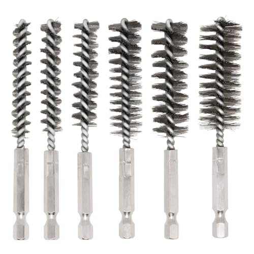 Image of 6 Pcs Bore Brush for Drill, 1 /4 inch Hex Shank Stainless Steel Twisted Wire Brush for Drill, Bristle Round Wire Brush with Different Sizes, Tube Pipe Cleaner for Rust (Diameter 8,10,12,15,17,19mm)