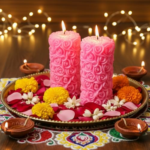 Image of Rose Pillar Candle, Pink Colour with Spiced Musk Fragrance, Smokeless Designer Decorative Candle Set for Home Decor, Diwali & Festive Gifting (5.5 x 10.5 cm, 12hrs)