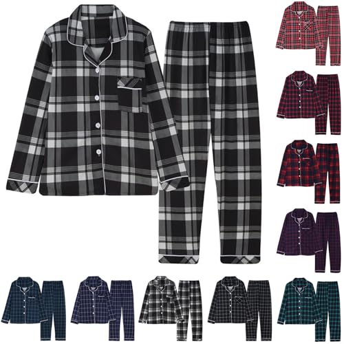 Conjunto de pijama a cuadros para mujer, conjunto de pijama clásico de manga larga con botones y diseño a cuadros, ropa de dormir con cuello chal de moda, ropa de dormir con bolsillos, ropa de