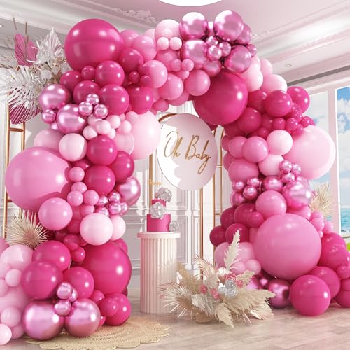Image of 412Pcs Pink Balloon Garland Arch Kit,18 12 10 5 Inch Hot Pink Balloons Metallic Magenta Latex Balloons for Birthday Shower Princess Theme Party Wedding valentines Background Decorations