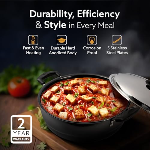 Image of AGARO Elite Hard Anodised Multi Kadhai with Stainless Steel Lid, 5L, Gas Compatible, 3mm Thick Body, Riveted Handle