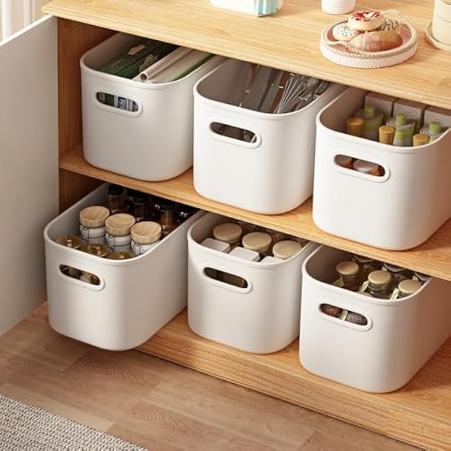 8 Pack White Storage Bins with Lids Stackable Storage Container for Organizing, Storage Boxes with Handle for Shelves, Cute Storage Bin for Craft, Snacks, 9.85x6.9x5.7 inch