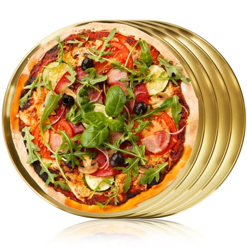 TOPZEA 4 Pack Stainless Steel Pizza Pan, 30cm Round Baking Pan Large Pizza Baking Tray, Pizza Tray Pizza Crisper Pan Food Serving Plate for Pizza, Pie, Cookie, Dessert, Oven & Dishwasher Safe, Gold