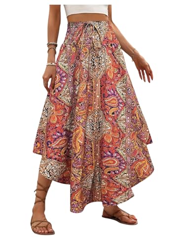 Verdusa Women's Boho High Waisted Floral Long Skirts Flowy Western Hippie Asymmetrical Maxi Skirt