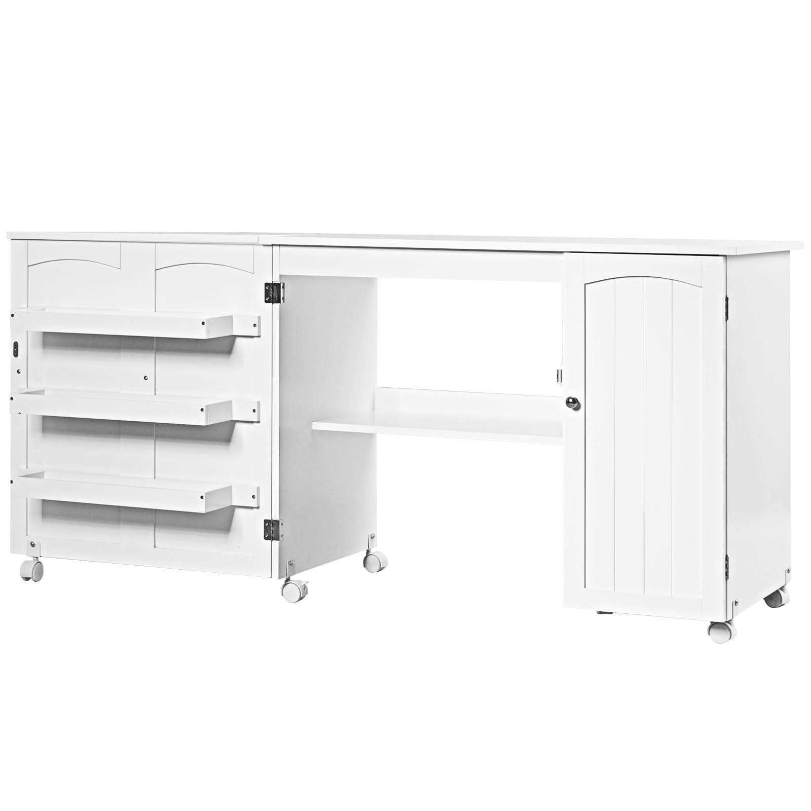 LIFEZEAL Armoire de Couture Pliable 3 en 1, Table pour Machine à Coudre Peu Encombrante, Bureau de Repassage 6 Roues, 3 Étagères, Large Étage, 158,5 x 50 x 74 cm (Blanc, L)