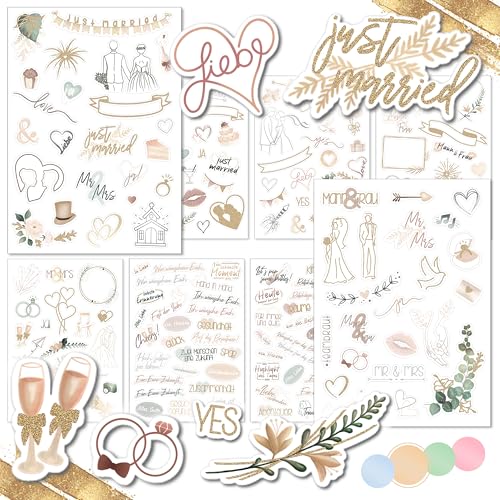 WEDDLYN® – Adesivi per matrimonio – 180 adesivi per libri degli ospiti per matrimonio – Design ispiratori – Set di adesivi perfetto per album fotografici di – Colori pastello con glitter (beige)