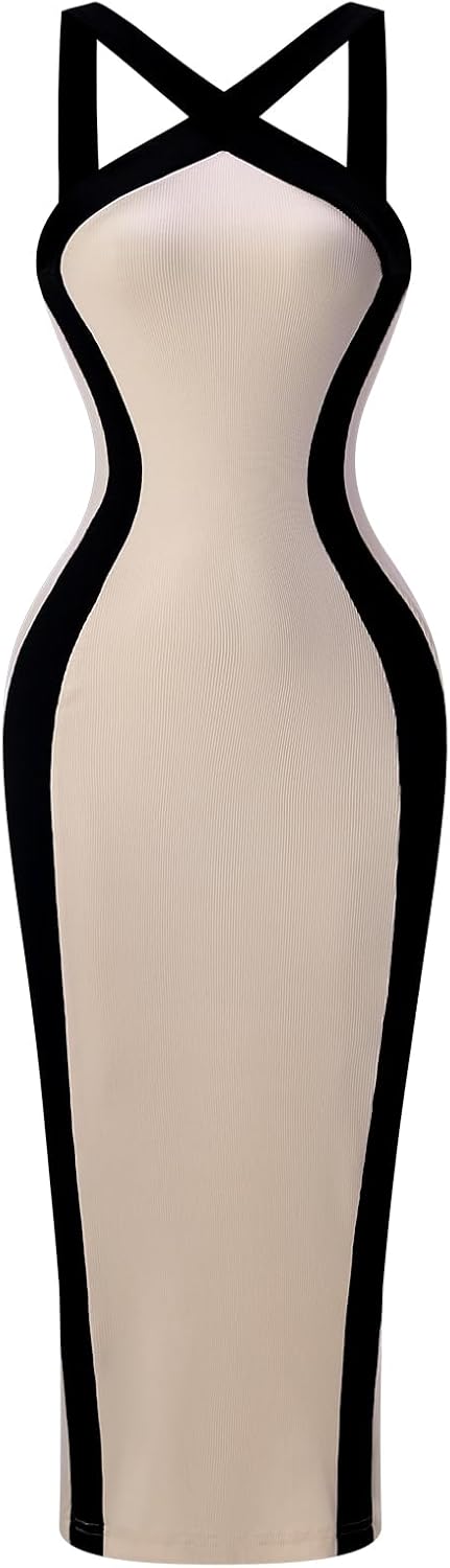 Women's Summer Bodycon Maxi Dress Elegant Color Block Slit Evening Party Cocktail Dresses