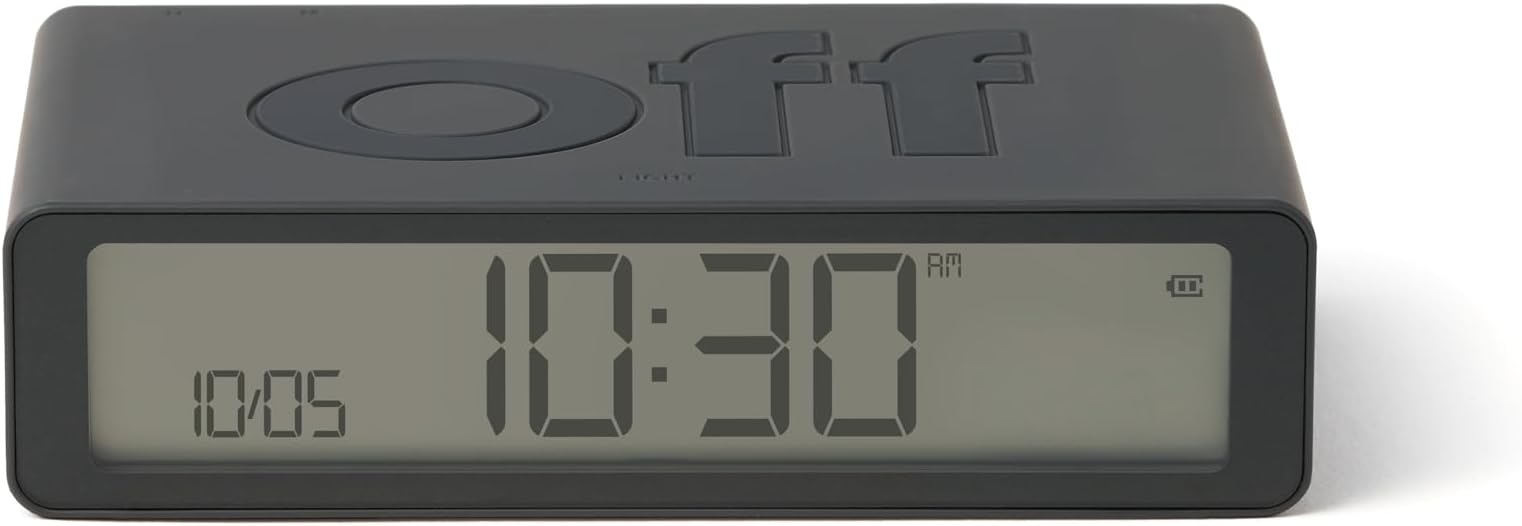 Flip Classic Digital Alarm Clock with Reversible On/Off Faces, Rechargeable bedside clock with LCD display, Touch Sensor for Snooze & Light function - Dark Grey